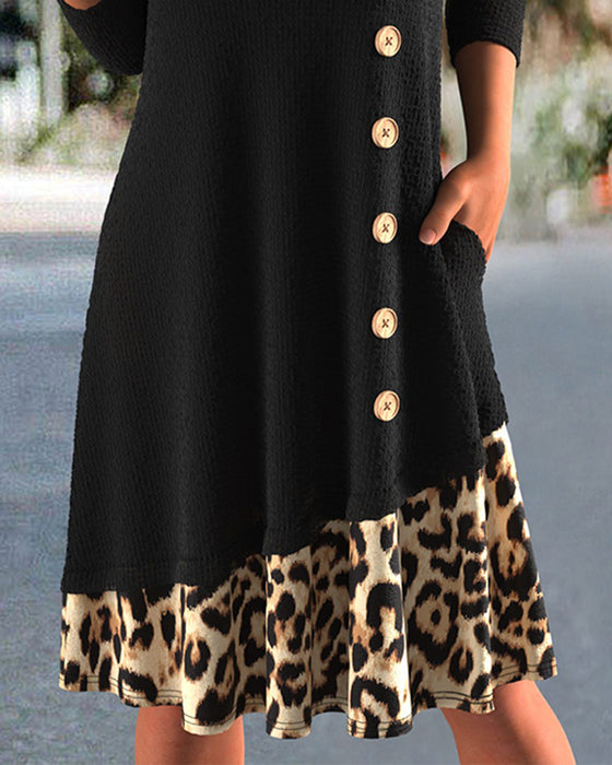 Klänning V-Hals Leopard Kors Patchwork