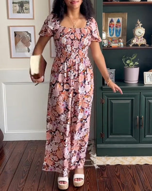 Hoppdräkt Fyrkantig Halsringning Blommig Rynkad