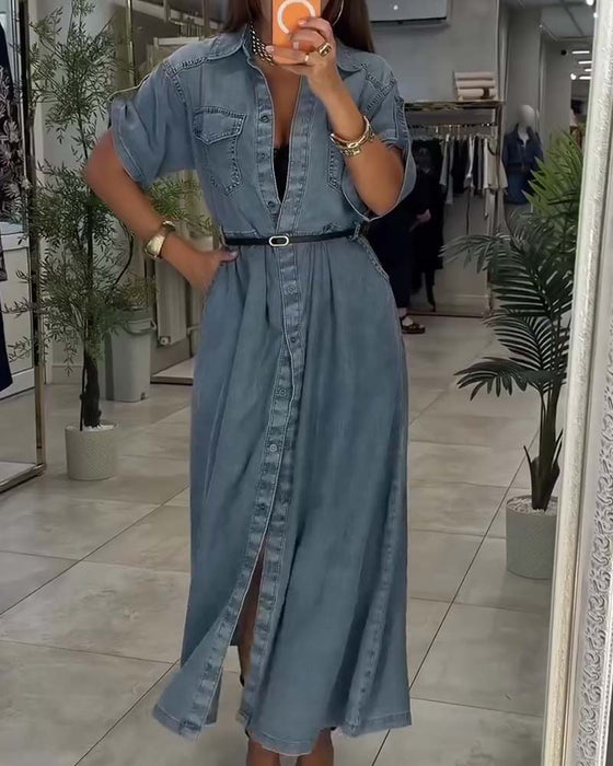 Klänning Skjorta Krage Ficka Knapp Denim