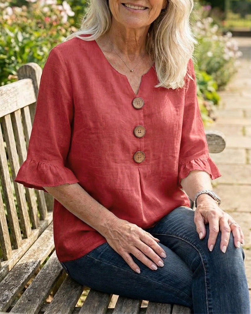 Blusar Enfärgad Bomullslinne Träknappar Rynkningar