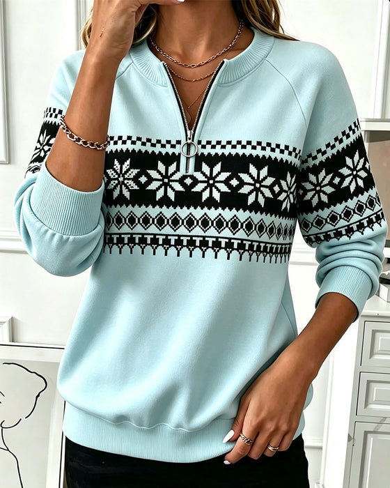 Sweatshirt Snöflinga Tryckt Halv-Zip