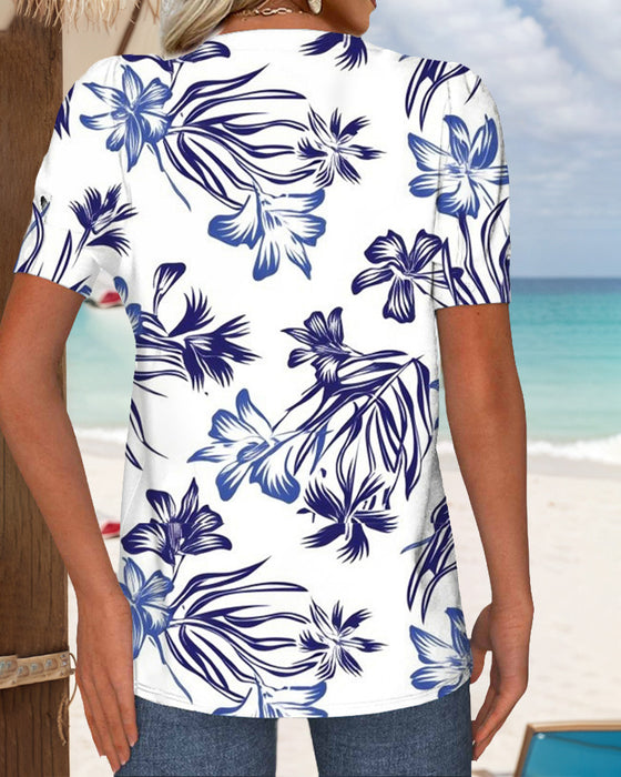 T-Shirt Rundhalsring Blommigt Tryck Stickad