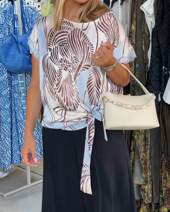 Blus Med Runt Halsband Snörning Oregelbunden
