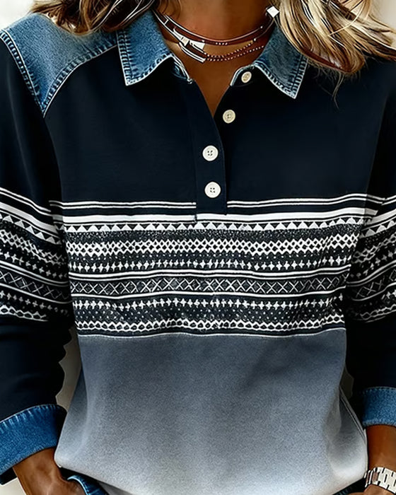 Tröja Med Knapp Lapel Design, Randad Mönster Och Gradient Färg