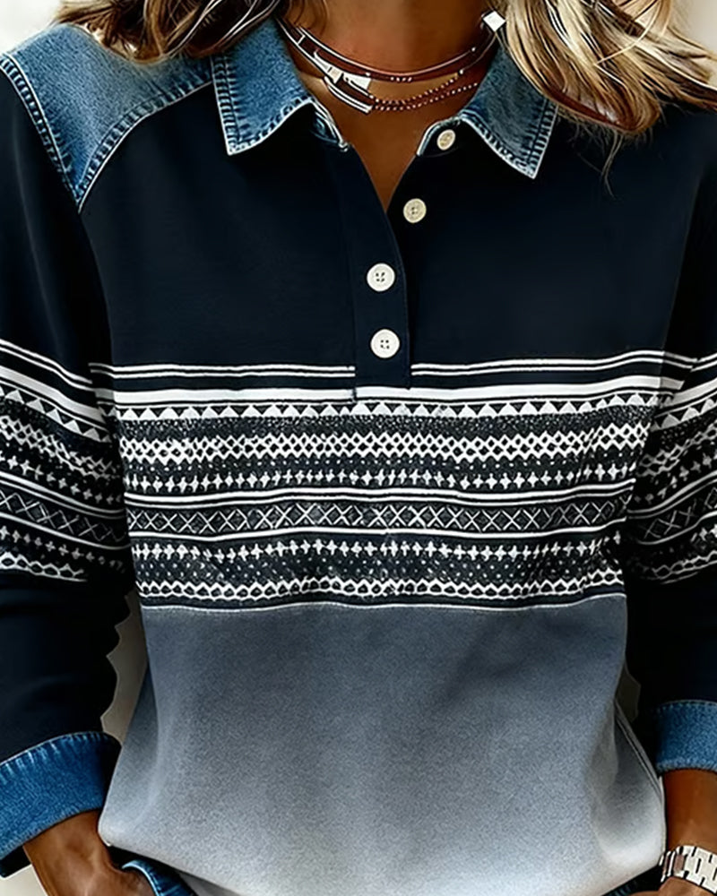 Tröja Med Knapp Lapel Design, Randad Mönster Och Gradient Färg