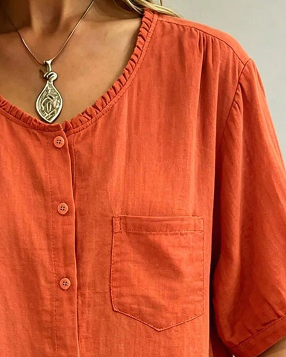 Blus Ruffle Trim Knapp Ficka