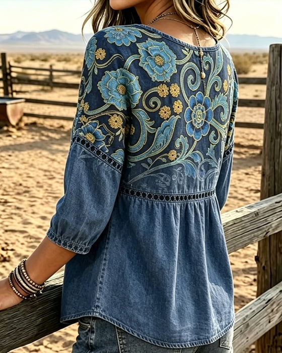 Blus Hål Ut Tryck Vintage