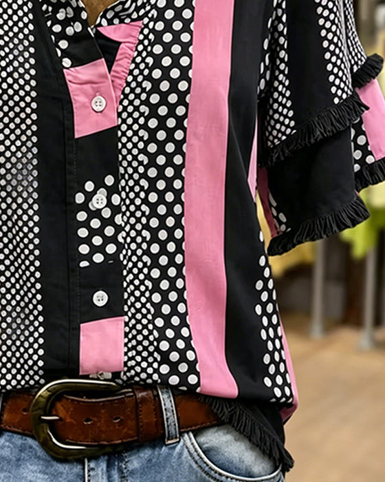 Skjorta Prickig Kontrast Patchwork Ruffle