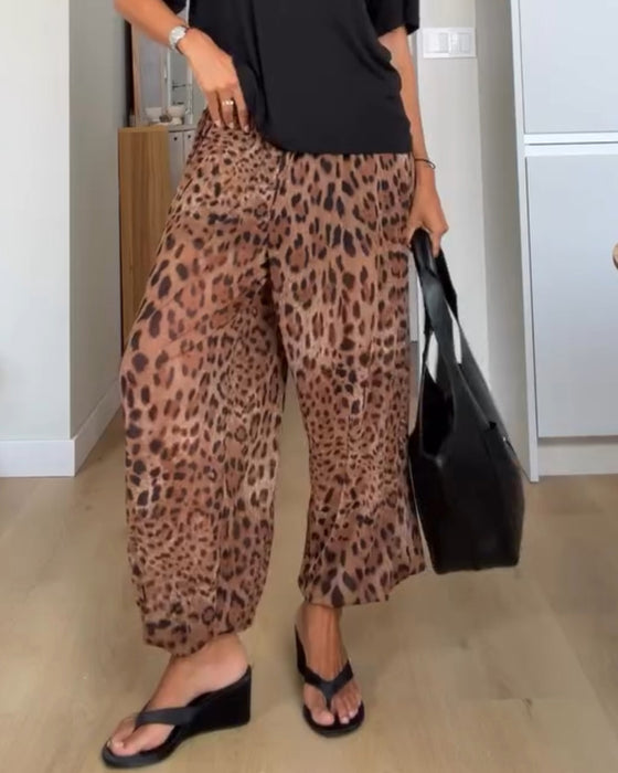 Byxor Resår Midja Leopard Tryck Bred Ben Lång