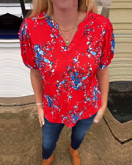 T-Shirt V-ringning Blommönster Kortärmad