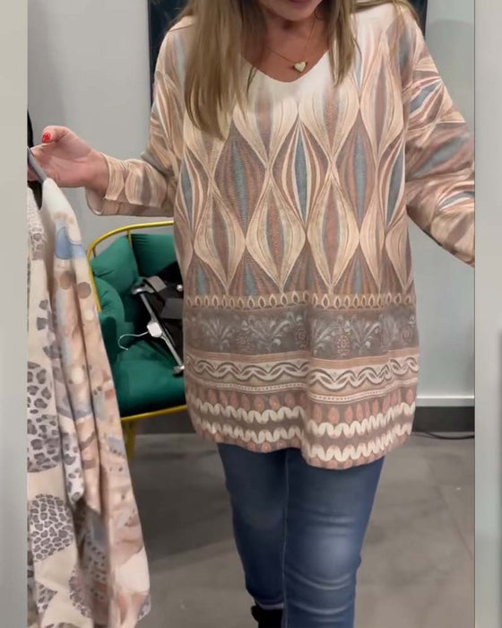 Topp Geometrisk Diamanttryck Långärmad V-Ringning