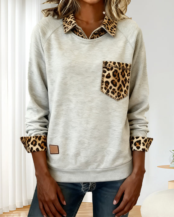 Långärmad sweatshirt med slag och leopardtryck