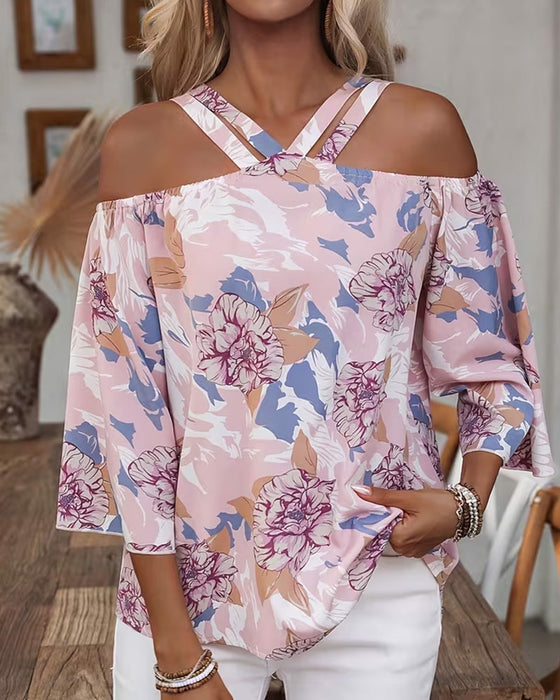 Blus Blommig Kors Off-Shoulder