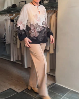 Blus Knyt Lång Ärm Placerings Tryck