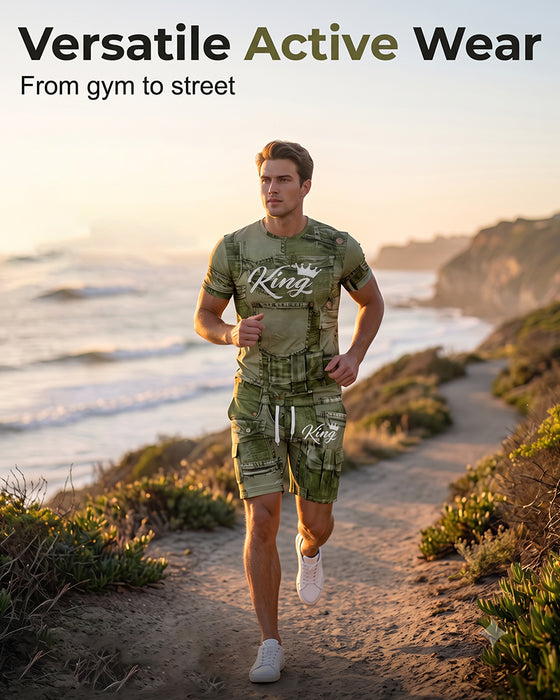 Herrset Med Rundhalsad Monogram-T-Shirt Och Dragsko-Shorts