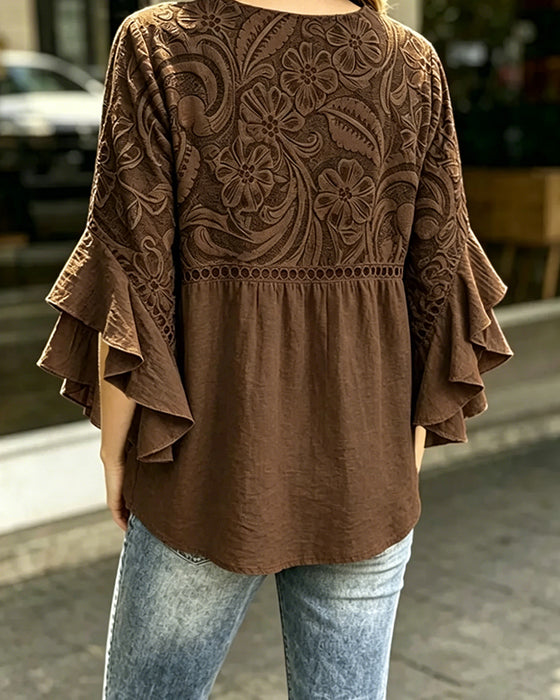 Blus Vintage Blommigt Print Asymmetrisk Rynkad Ärm