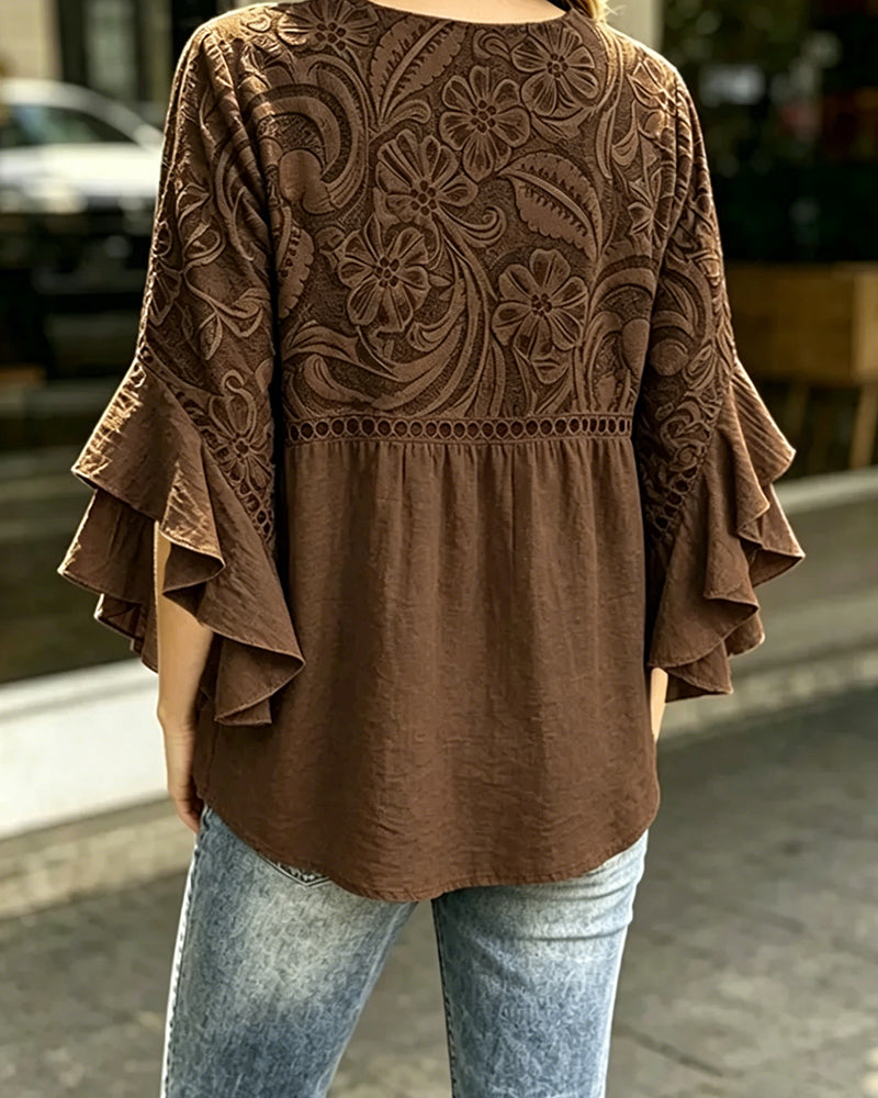 Blus Vintage Blommigt Print Asymmetrisk Rynkad Ärm