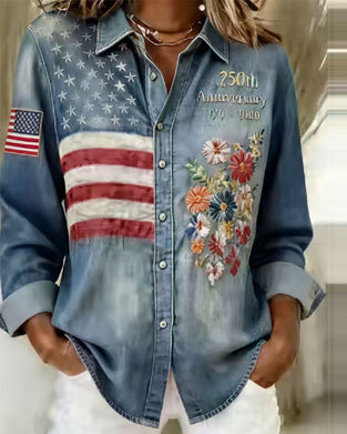 Skjorta Nedfällbar Krage Tryck Broderi