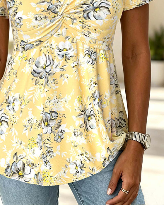T-Shirt V-Hals Twist Blommig Kort Ärm