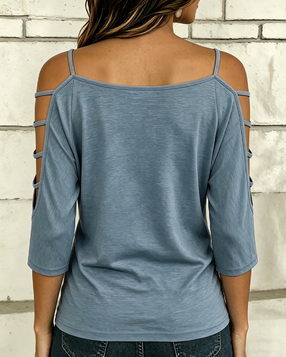 T-Shirt Solid Färg Armbågslång Ärm Off-Axel