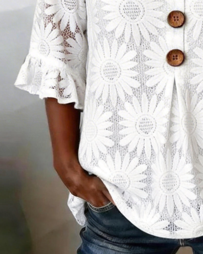 Blus Med Ruffle-Mönster Och Volangärmar