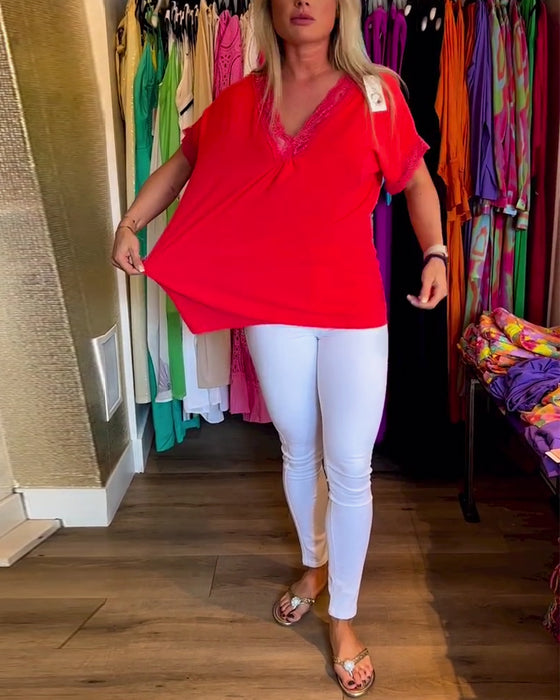 Skarvad spets v-ringad enfärgad topp