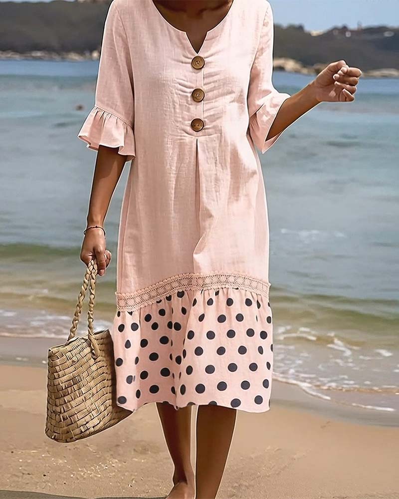 Klänning Polka Dot Lapptäcke Rynkad
