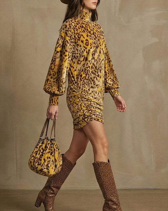 Klänning Hög Hals Leopard Lykta Ärm Elegant