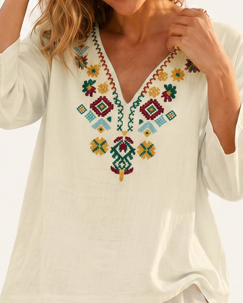 Blus V-Hals Bohemisk Tryckt
