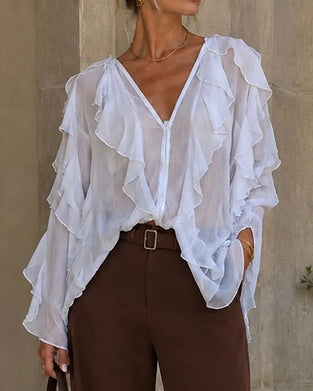 Blus V-Hals Ruffle Löst