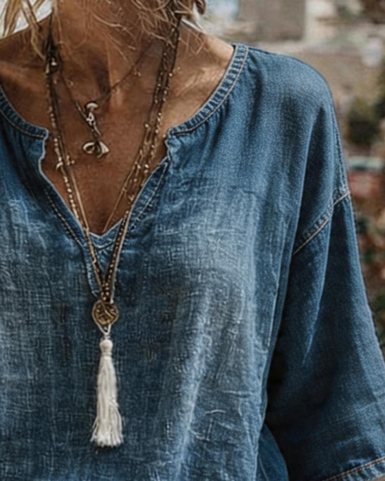 Topp V-Hals Denim Halv Ärm