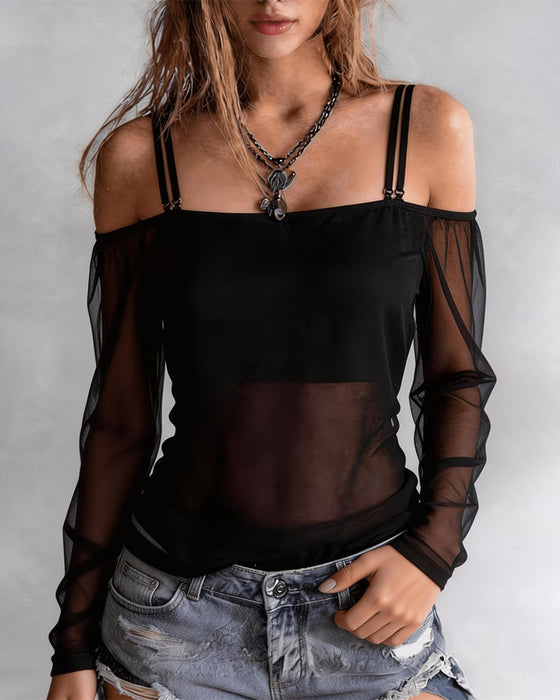 T-Shirt Spagettiband Off-Shoulder Sheer