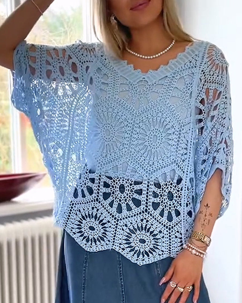 Pullover Enfärgad V-Ringning Utskärning Stickad Omslag