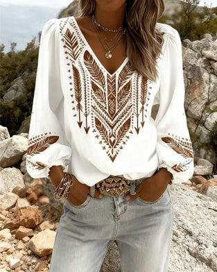 Blus Puckad Ärm V-Ringning Lössittande