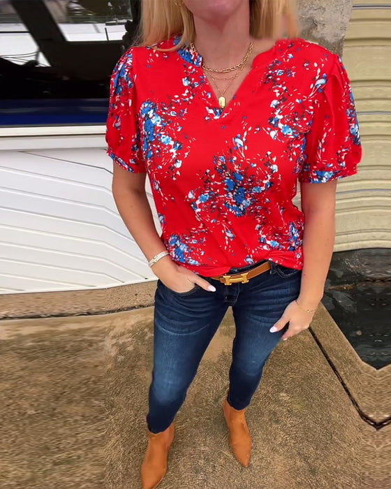 T-Shirt V-ringning Blommönster Kortärmad