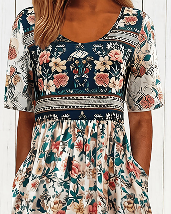 Klänning Vintage Blommig Midjeknyt Midi