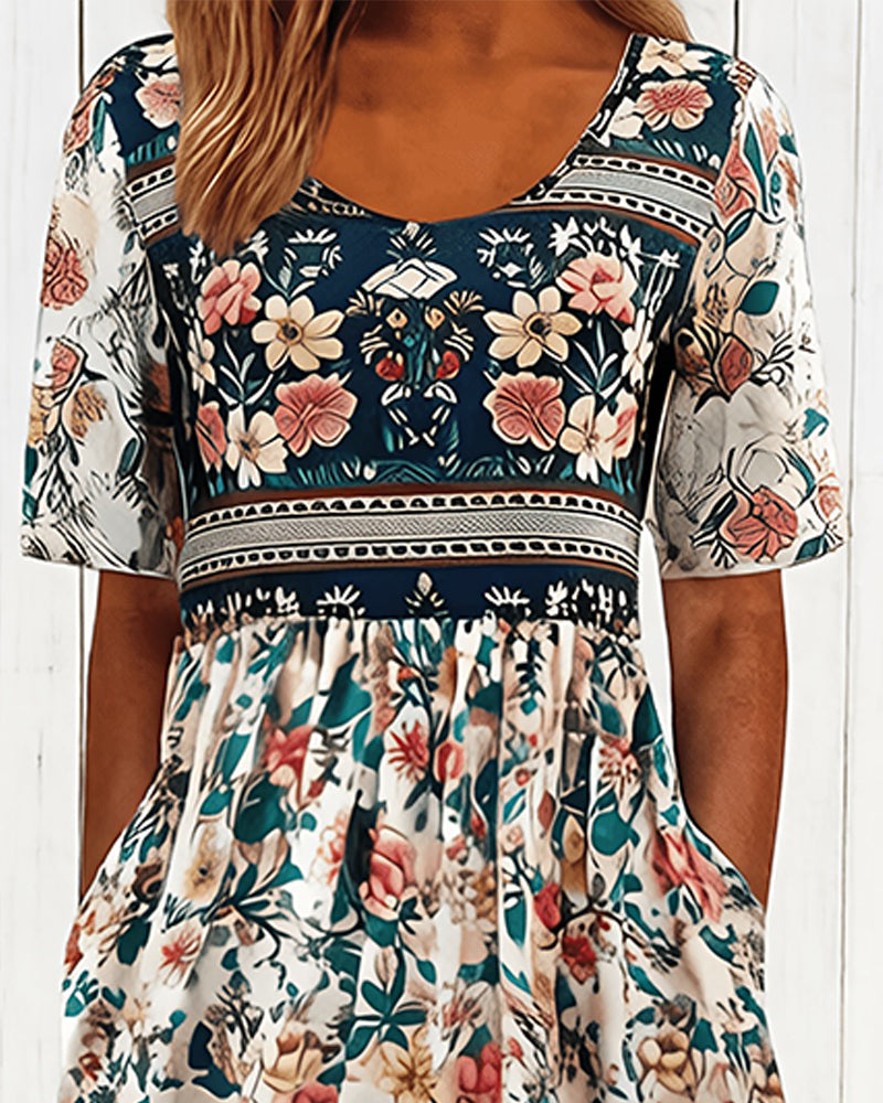 Klänning Vintage Blommig Midjeknyt Midi