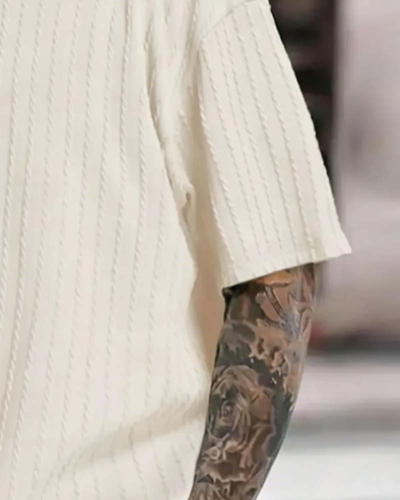 Herres Stripad T-Shirt Och Shorts Tvådelig Set Med Crew-Årning