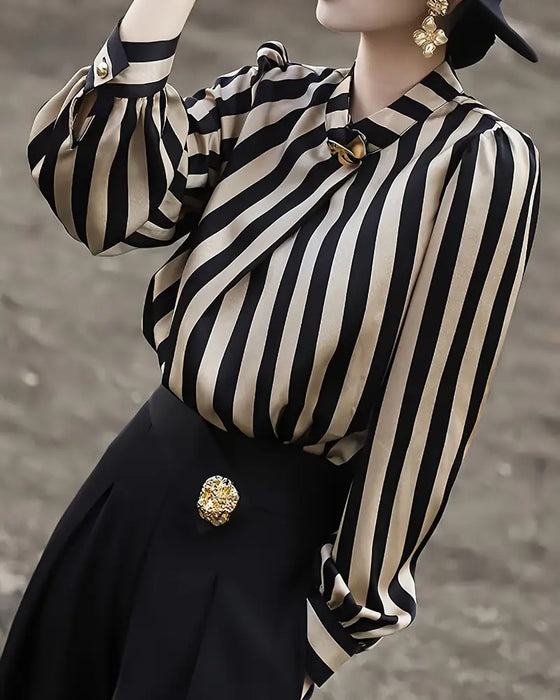 Blus Drapering Ståkrage Randig