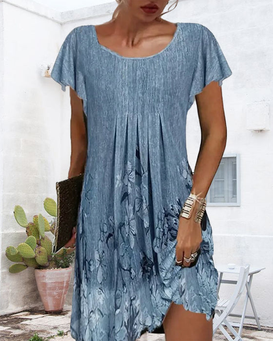 Klänning Rynkade Ärmar Tryckt