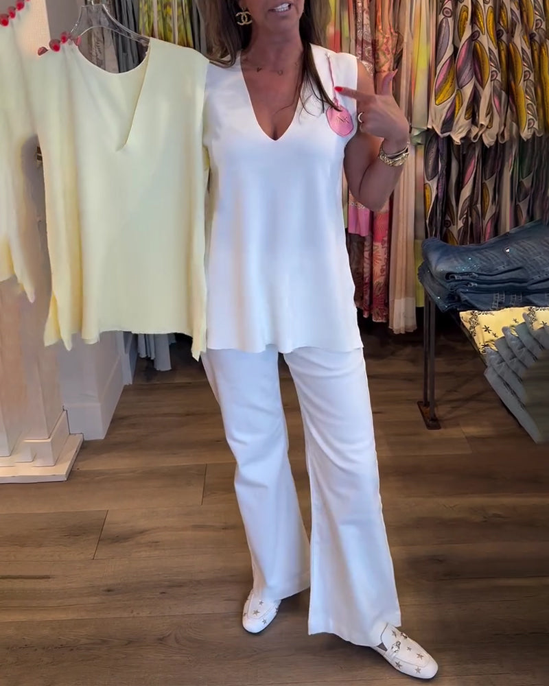 Linne V-Hals Ärmlös Solid