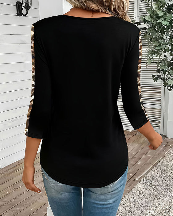 T-Shirt Lång Ärm V-Hals Leopard Patchwork