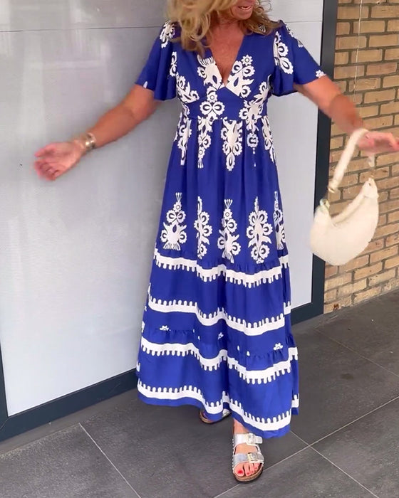 Vintage tryck v-ringad elegant lång klänning