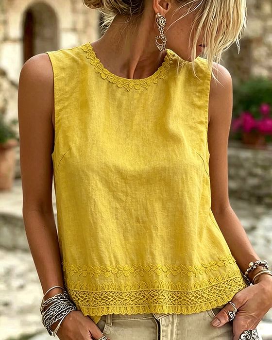 Tank Top Rund Hals Broderad Kant