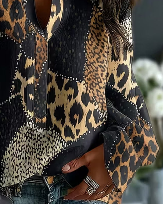 Blus Mini Mandarin Krage Leopard Panel Avslappnad