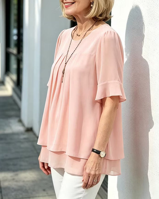 Blus Rundhalsad Rynkad Ruffle
