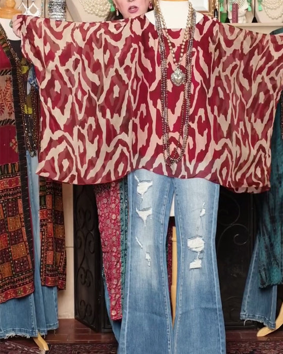 Blus Fladdermusärm Tryck Långärmad