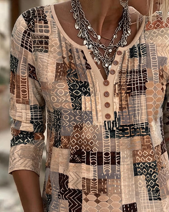 T-Shirt Geometrisk Patchwork Tryck Henley