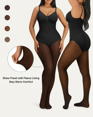 Genomskinlig Panel Med Fleecefodrade Tights Stay-Warm Magkontroll Sheer Effekt Tights Bodysuit Svart Basic