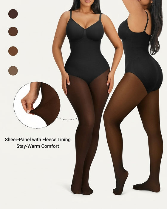 Genomskinlig Panel Med Fleecefodrade Tights Stay-Warm Magkontroll Sheer Effekt Tights Bodysuit Svart Basic